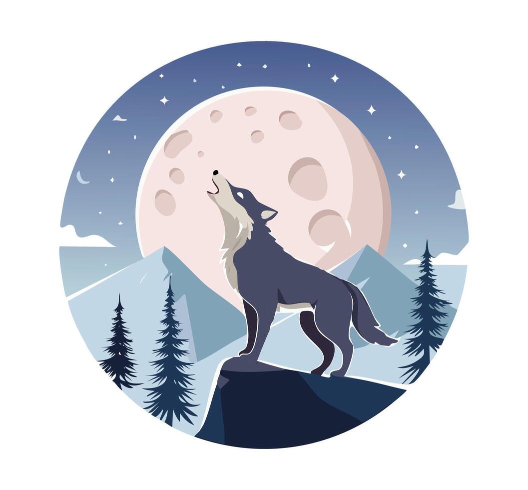 wolf howling at the moon with mountains vector