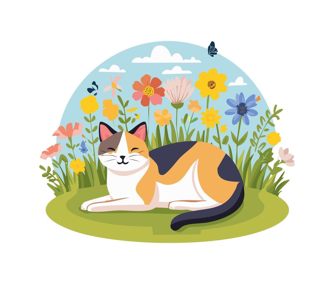 cat lying in a field of wildflowers vector
