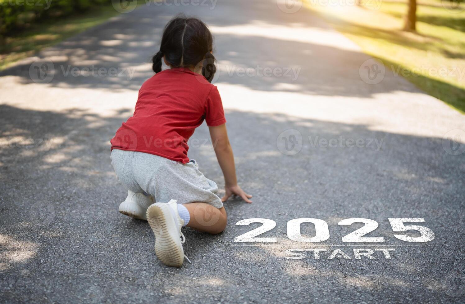 Sport girl kid runner foot shoe start into the new year 2025. Start up of runner girl running on nature race track go to Goal of Success. Runner running as part of Number 2025. Sport health care. photo