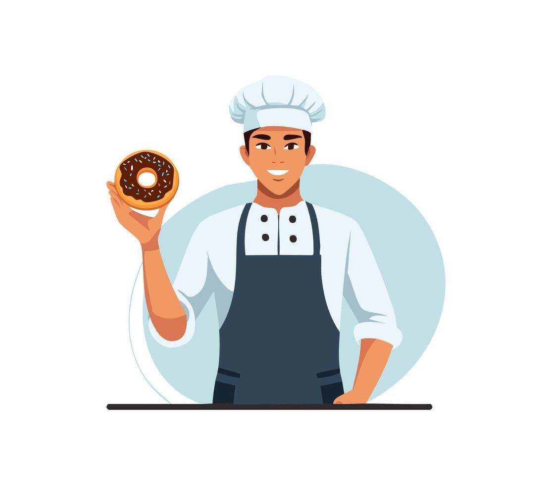 baker holding a donut vector