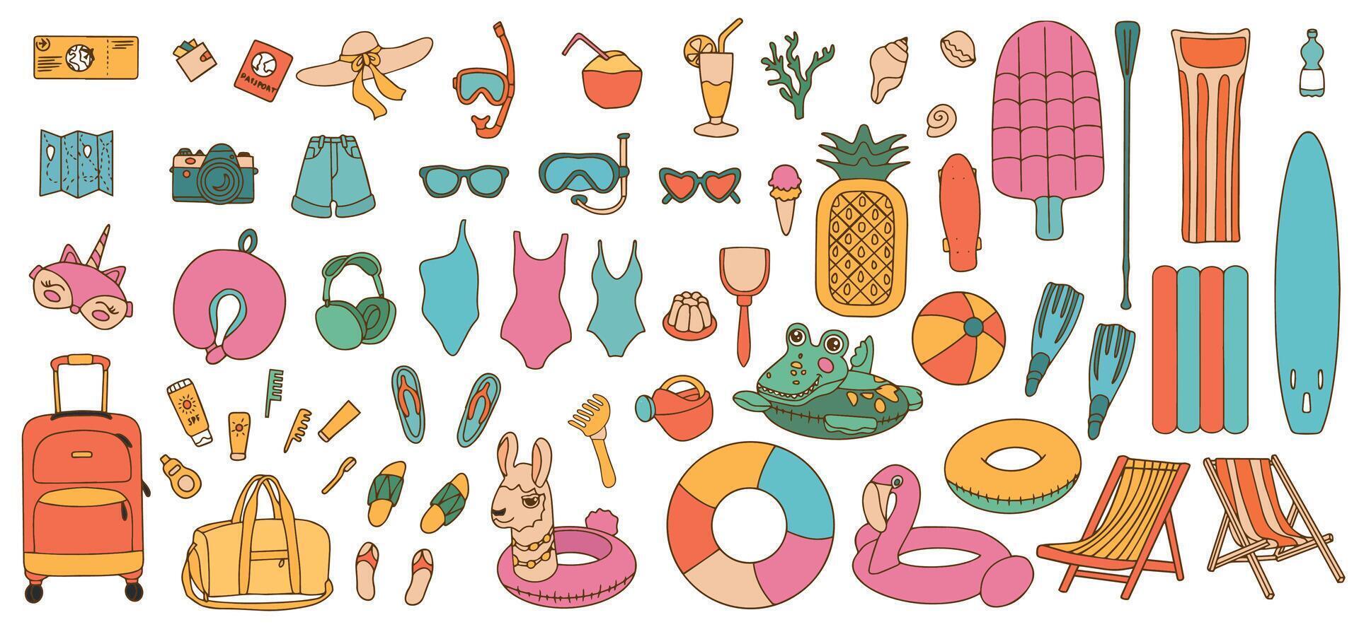 Set of cute summer doodle icons. Bright elements of the Summer party. vector