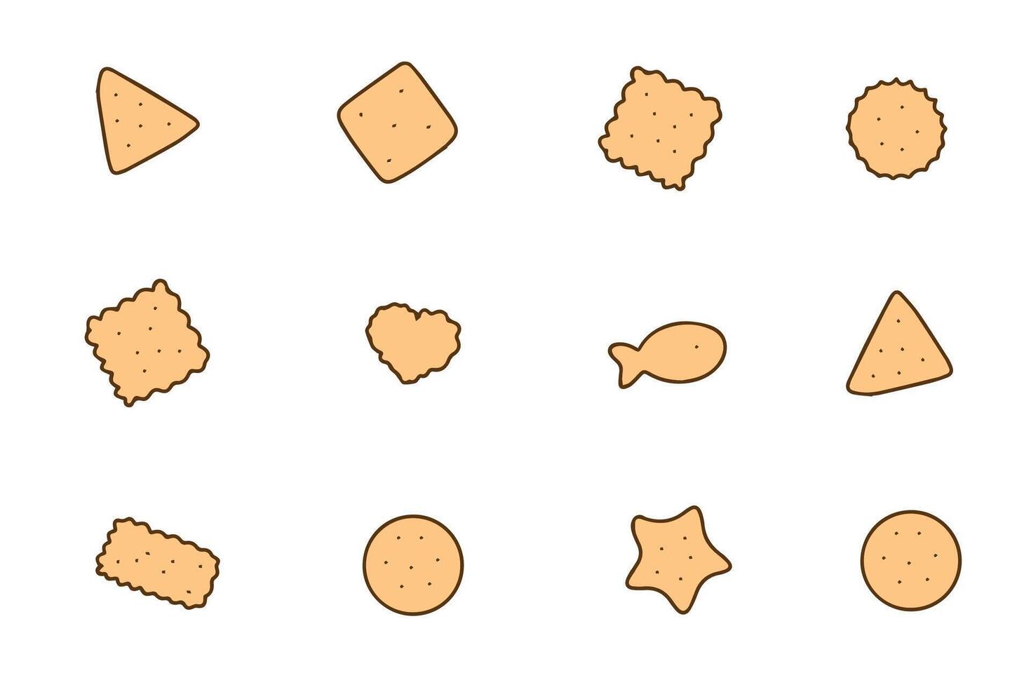 Collection of cookies and crackers of different shapes isolated on white. Popular street snack, hand drawn, vector