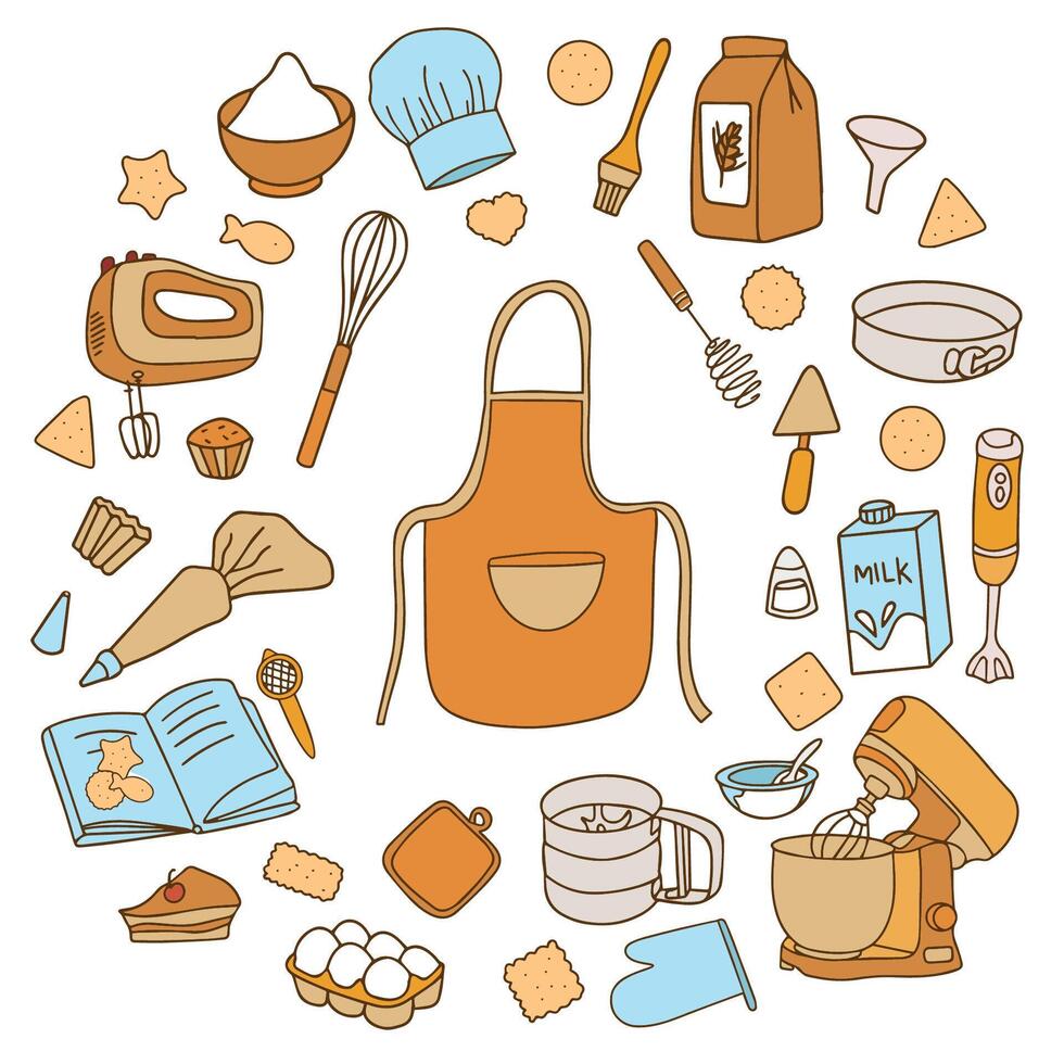 Set of baking items. Kitchen equipment, baker's tools, confectioner's tools in doodle style. Template for postcard, poster, banner, web design. vector