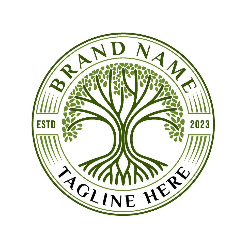 green oak tree logo. tree element inside circle is suitable as a symbol of health, garden and plantation. vector