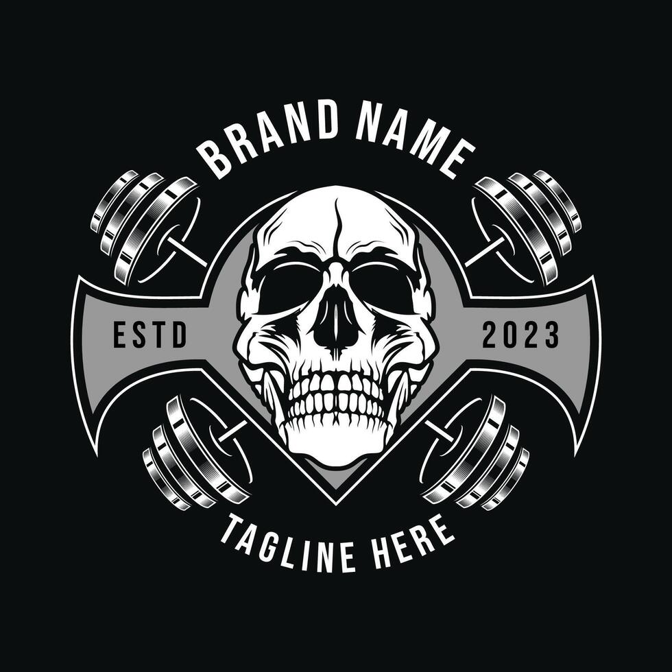 Fierce skull logo. Combines elements of skull and barbell, cut into a circle. Suitable for barbershop, sporting goods store, fitness center logo. vector