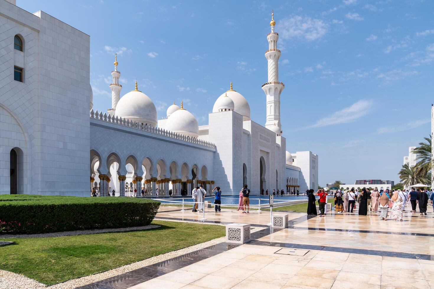 Abu Dhabi, United Arab Emirates - March 15, 2023-View of the spectacular Sheikh Zayed Grand Mosque during a sunny day photo