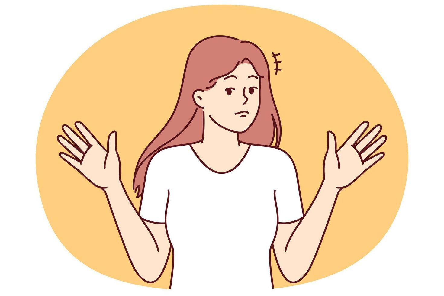 Woman throws up hands, denying involvement in problem or demonstrating ignorance of answers vector