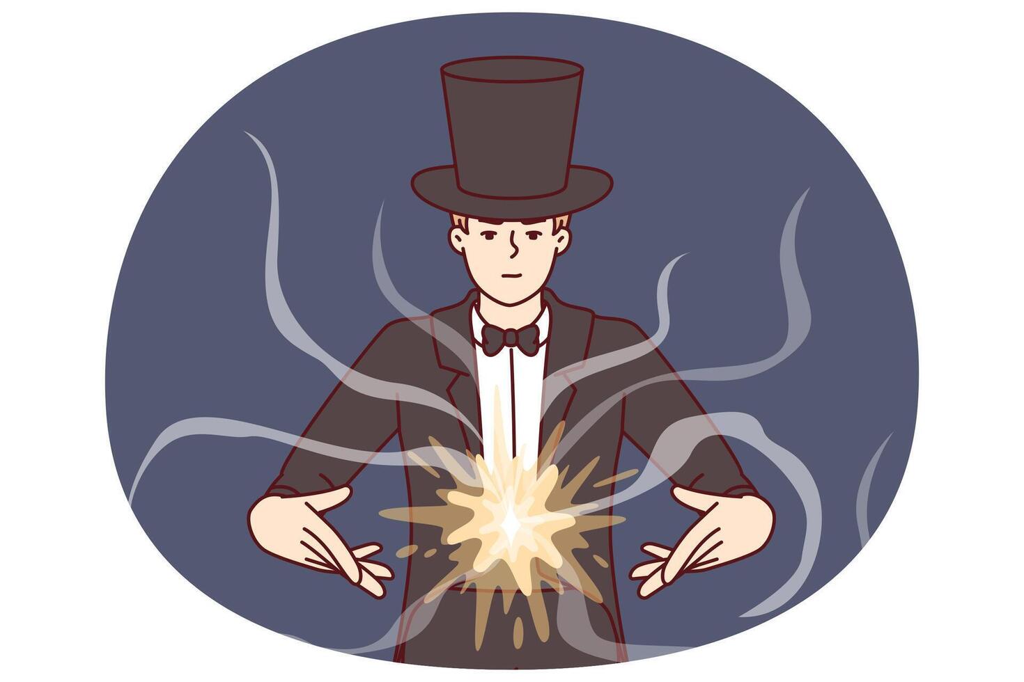 Man magician demonstrates magic tricks to entertain guests of circus or entertainment event vector