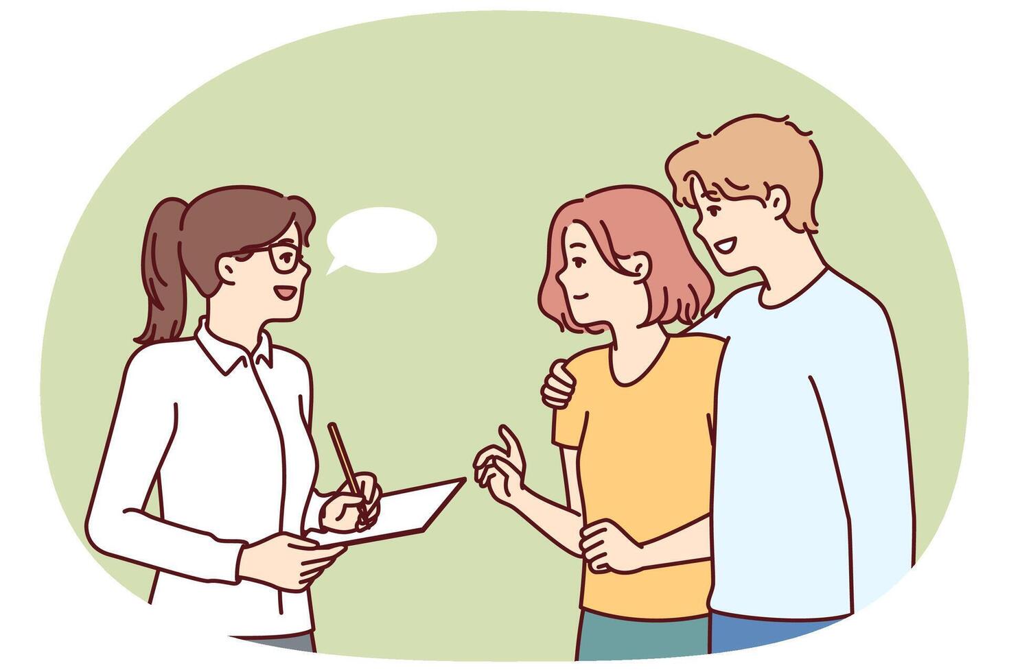 Couple takes social survey answering interviewer questions and evaluating quality of services vector