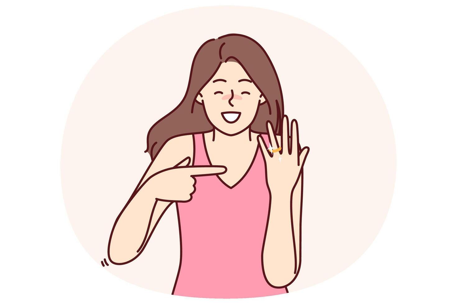 Happy bride with wedding ring shows off gift from groom and rejoices at proposal to get married vector
