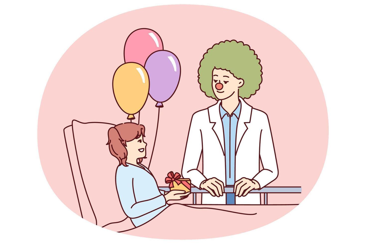 Clown doctor gives gift to child who is in hospital and needs support and positive emotions vector