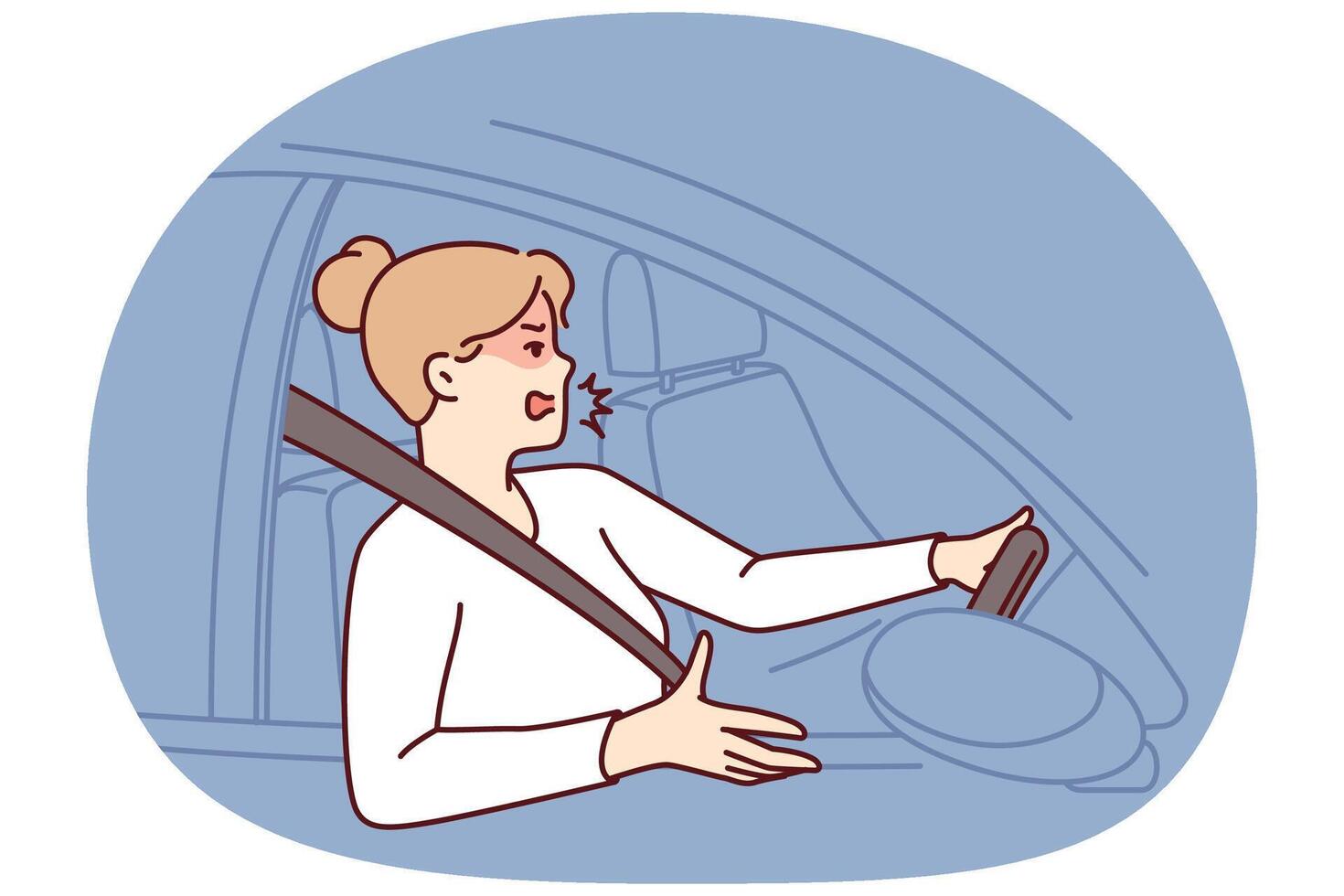 Woman driver got into traffic jam on road and swears feeling furious due to being late for work vector