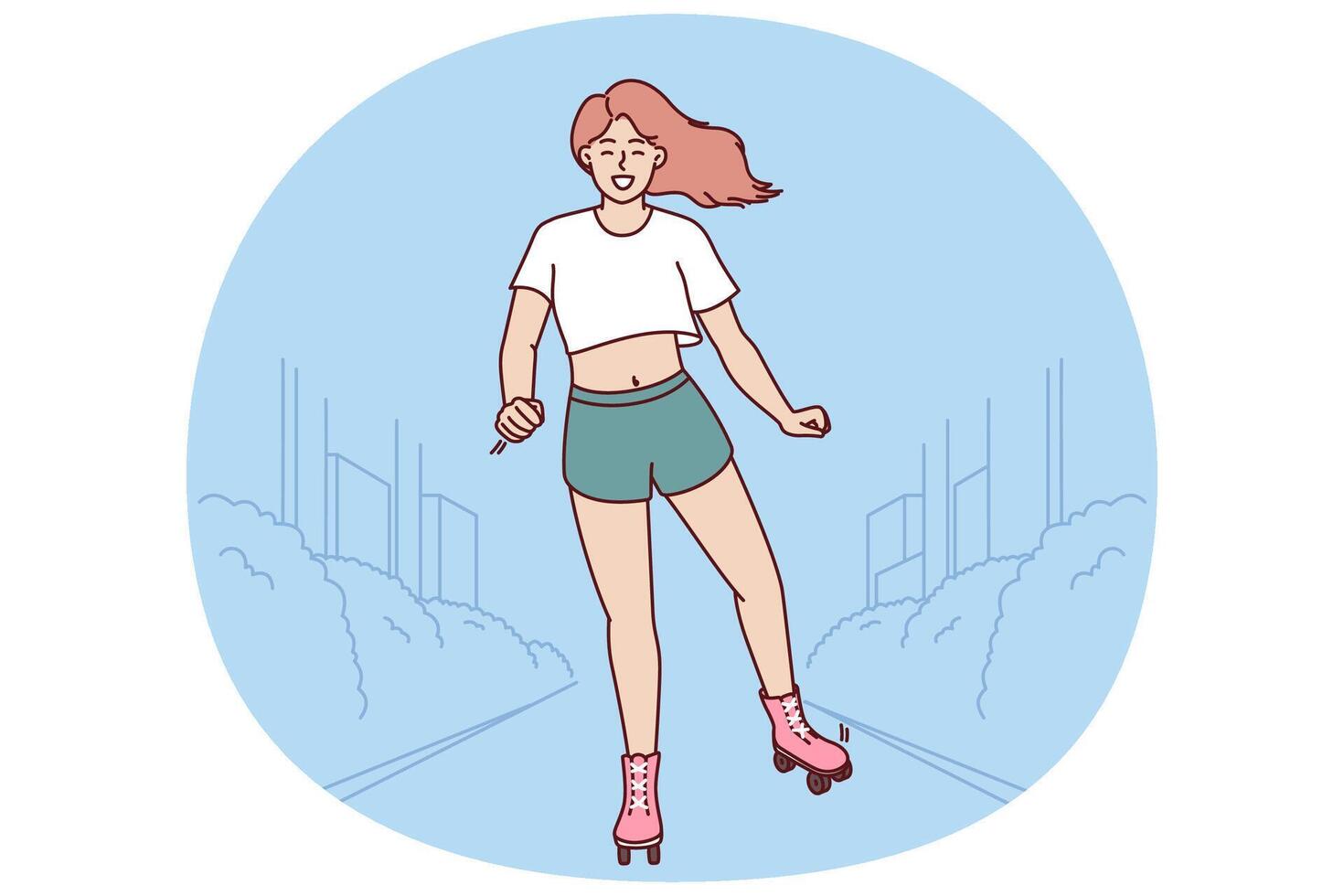 Woman uses roller skates to ride around city and breathe fresh air on hot summer day vector