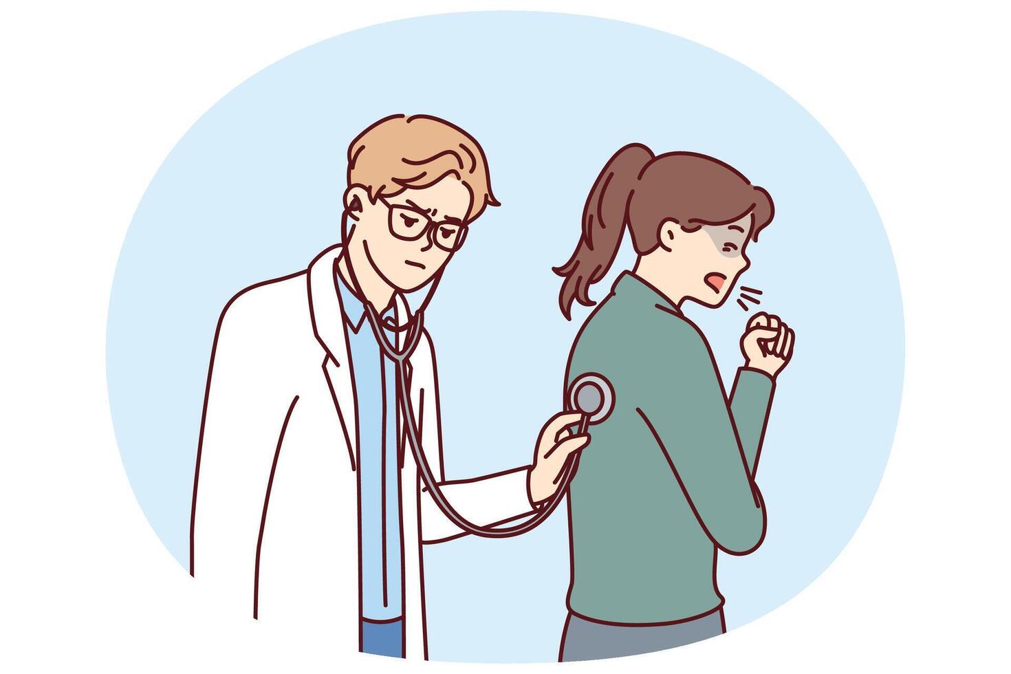 Doctor uses stethoscope examining coughing patient and auscultating woman suffering from flu vector