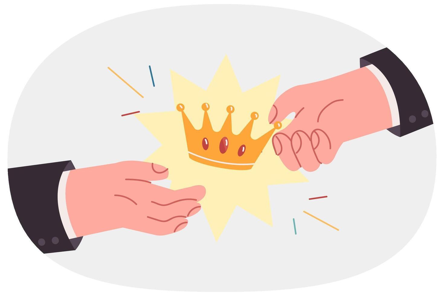 Hands of people with golden crown handing over trophy to winner of business competition vector