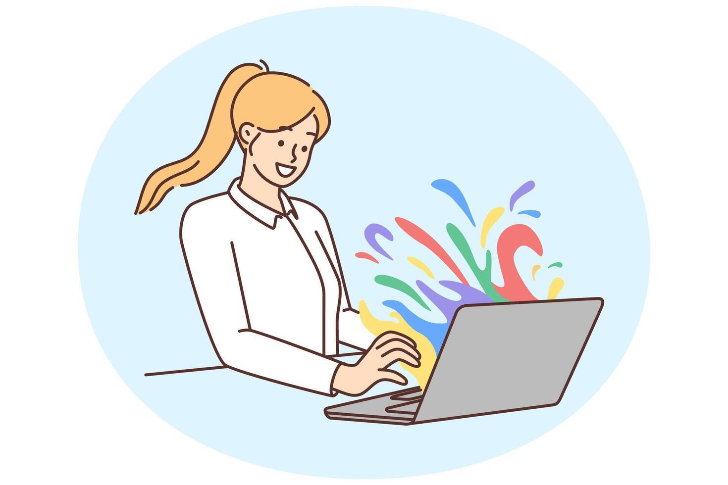 Smiling woman work on laptop with colorful stains on screen vector