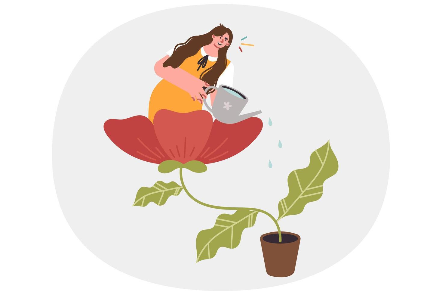 Woman watering giant potted home flower for self development and mental wellbeing concept vector