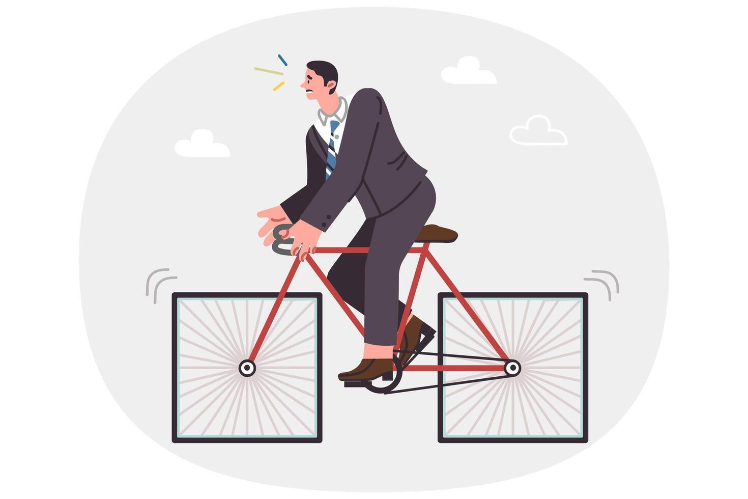 Strange business man on bicycle with square wheels, standing still due to incorrectly equipment vector