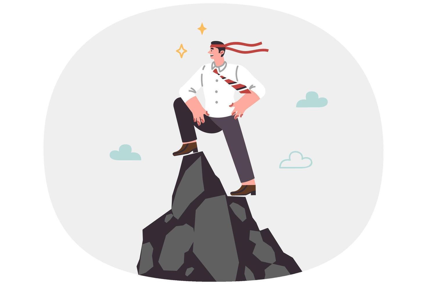 Successful man leader stands on top of cliff with bandage on head and looks confidently into future vector