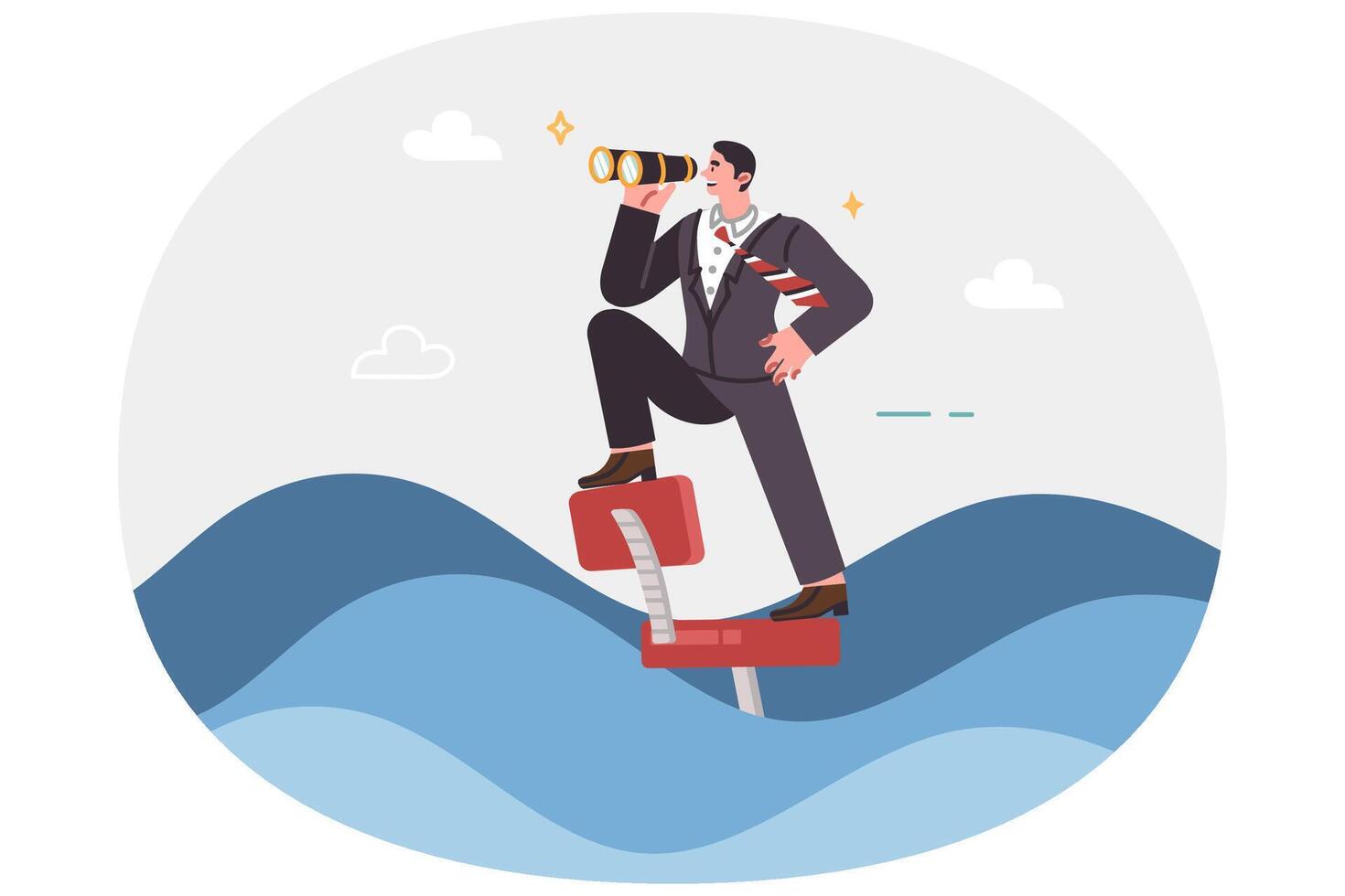 Brave business man floats in office chair on waves and looks to future in search of opportunities vector