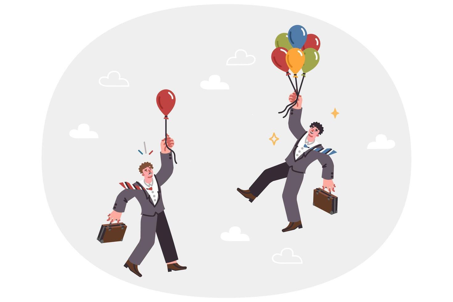 Competition businessmen flying balloons in attempt to overtake opponent and first to reach goal vector
