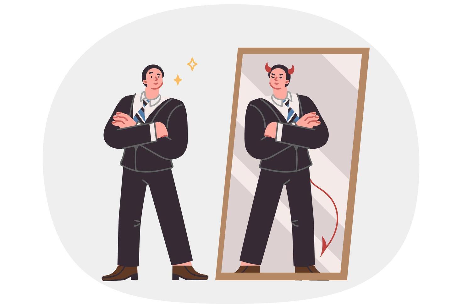 Business man seeing devil in reflection in mirror, for concept duplicity and hypocritical behavior vector