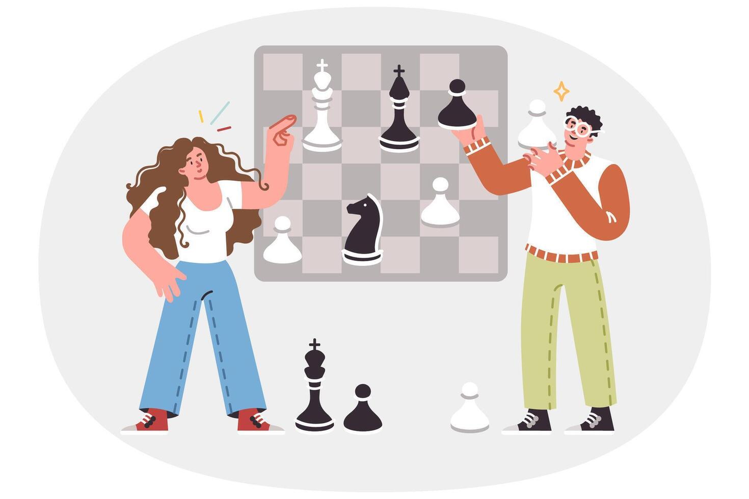 Chess game between man and woman symbolizes team strategic planning of business processes vector