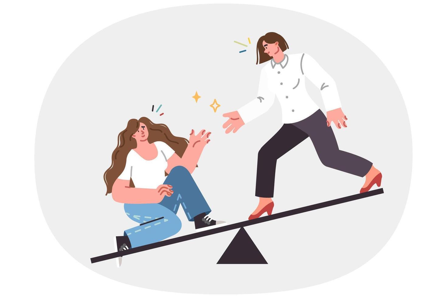 Woman helps friend get up after fall, showing empathy and sympathy for colleague in trouble vector