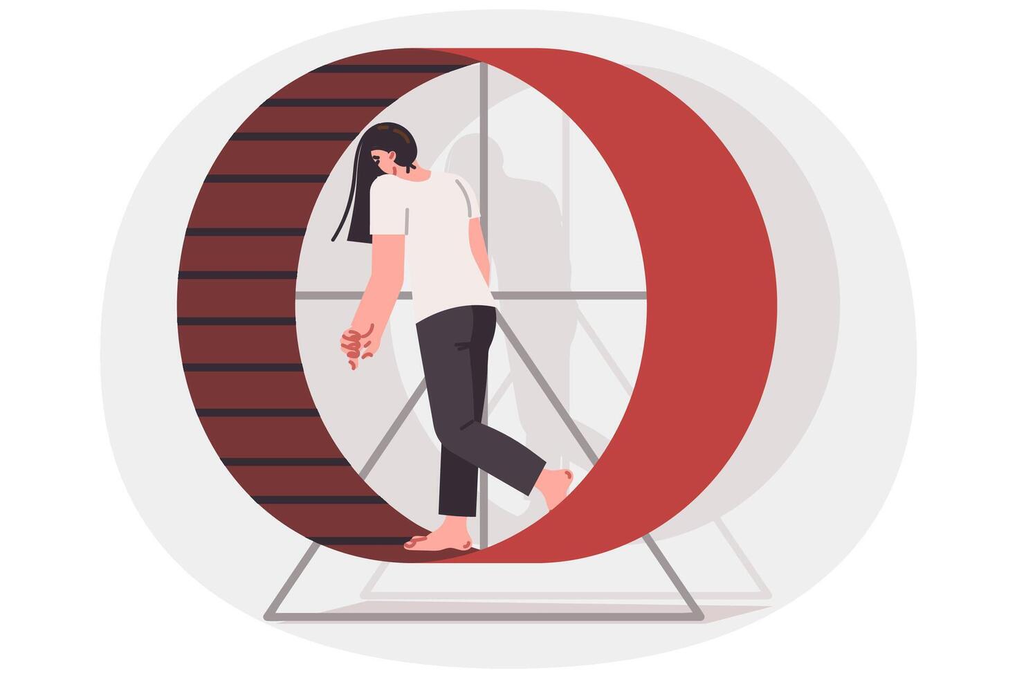 Tired woman walks on hamster wheel, feeling burnout and frustration due to overwork vector