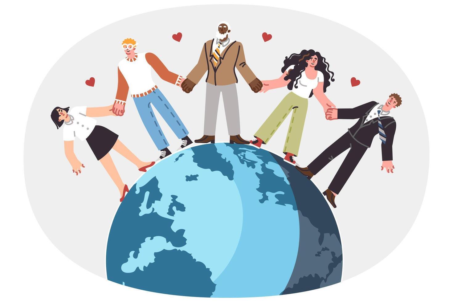International friendship among people holding hands, standing on globe and calling for peace vector