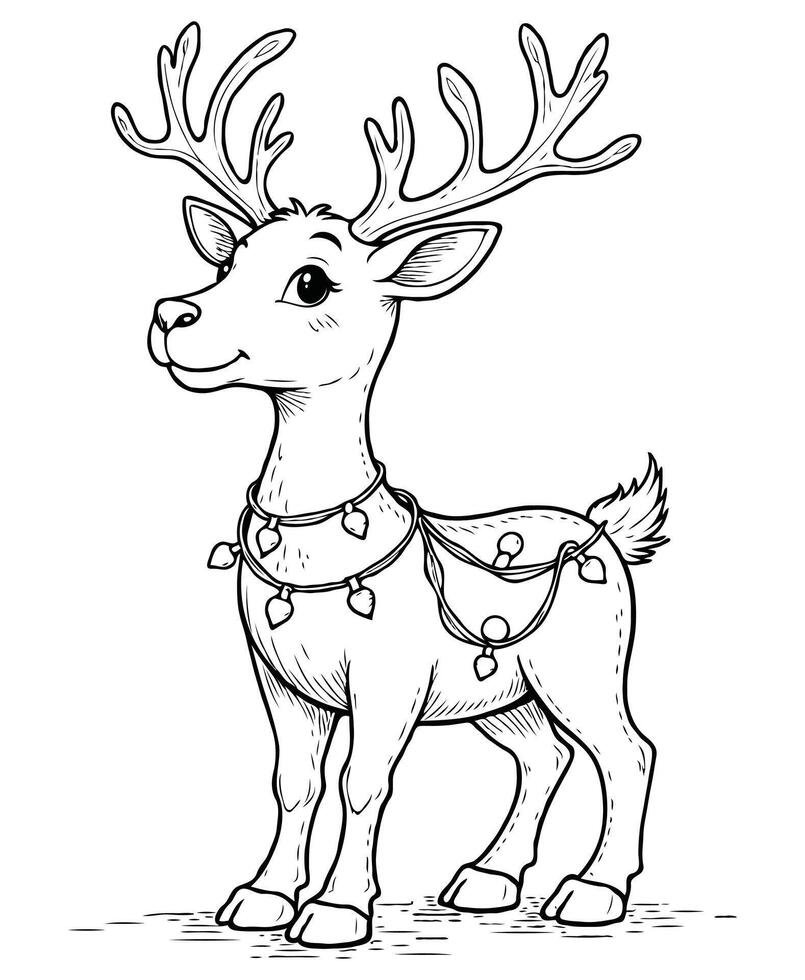 cute reindeer tangled in Christmas lights Coloring page vector