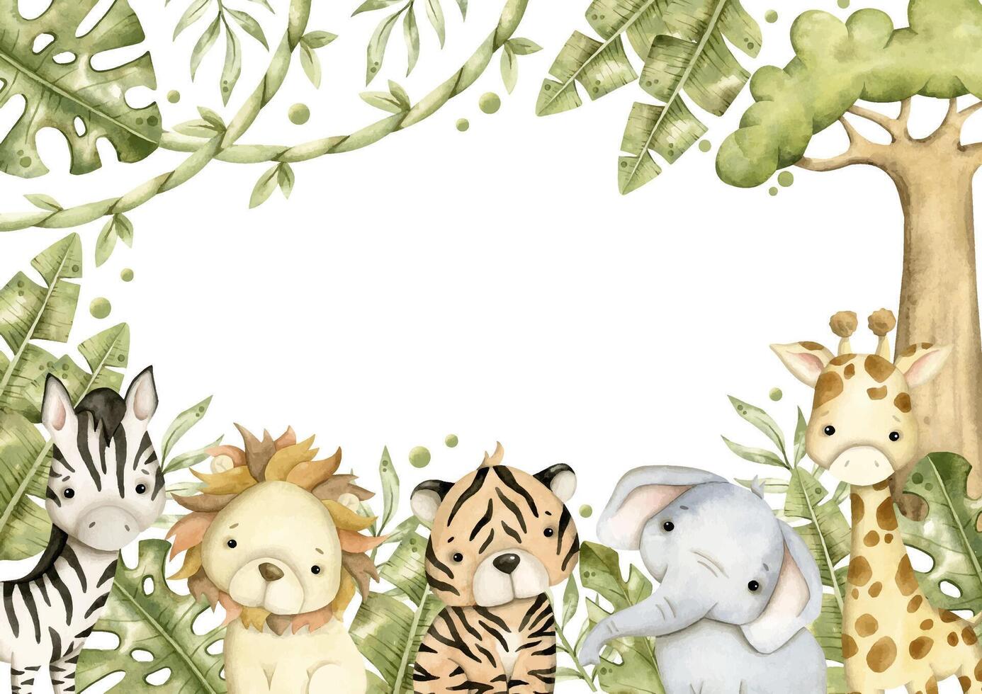 Safari watercolor hand-drawn illustration, frame with baby elephant, lion, tiger, zebra, giraffe and tropical leaves, creeper for kids vector