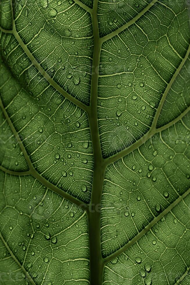 a close up of a leaf with water droplets on it photo