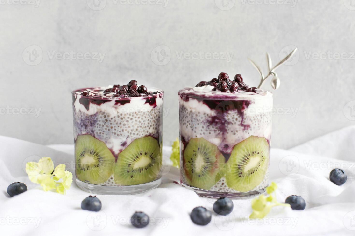two glasses of chia pudding with blueberries and kiwi photo