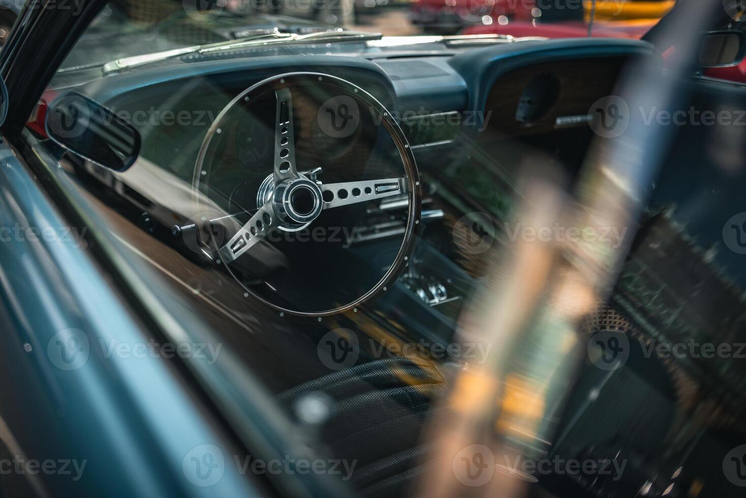 Interior of a luxury, classic car on a motor show. photo