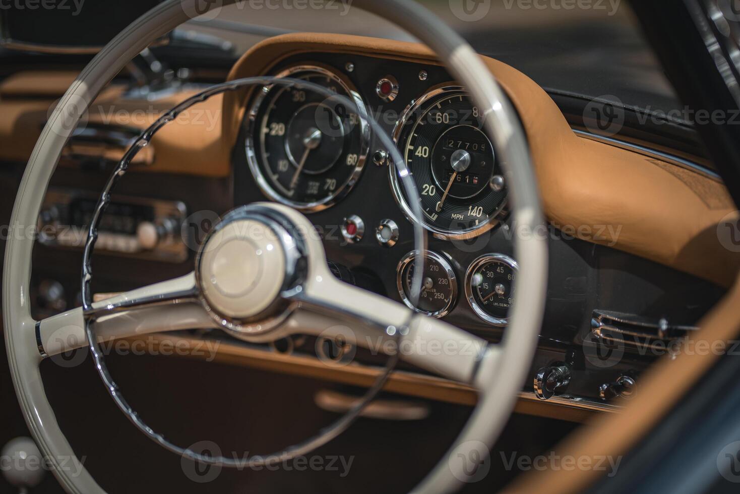 Interior of a luxury, classic car on a motor show. photo
