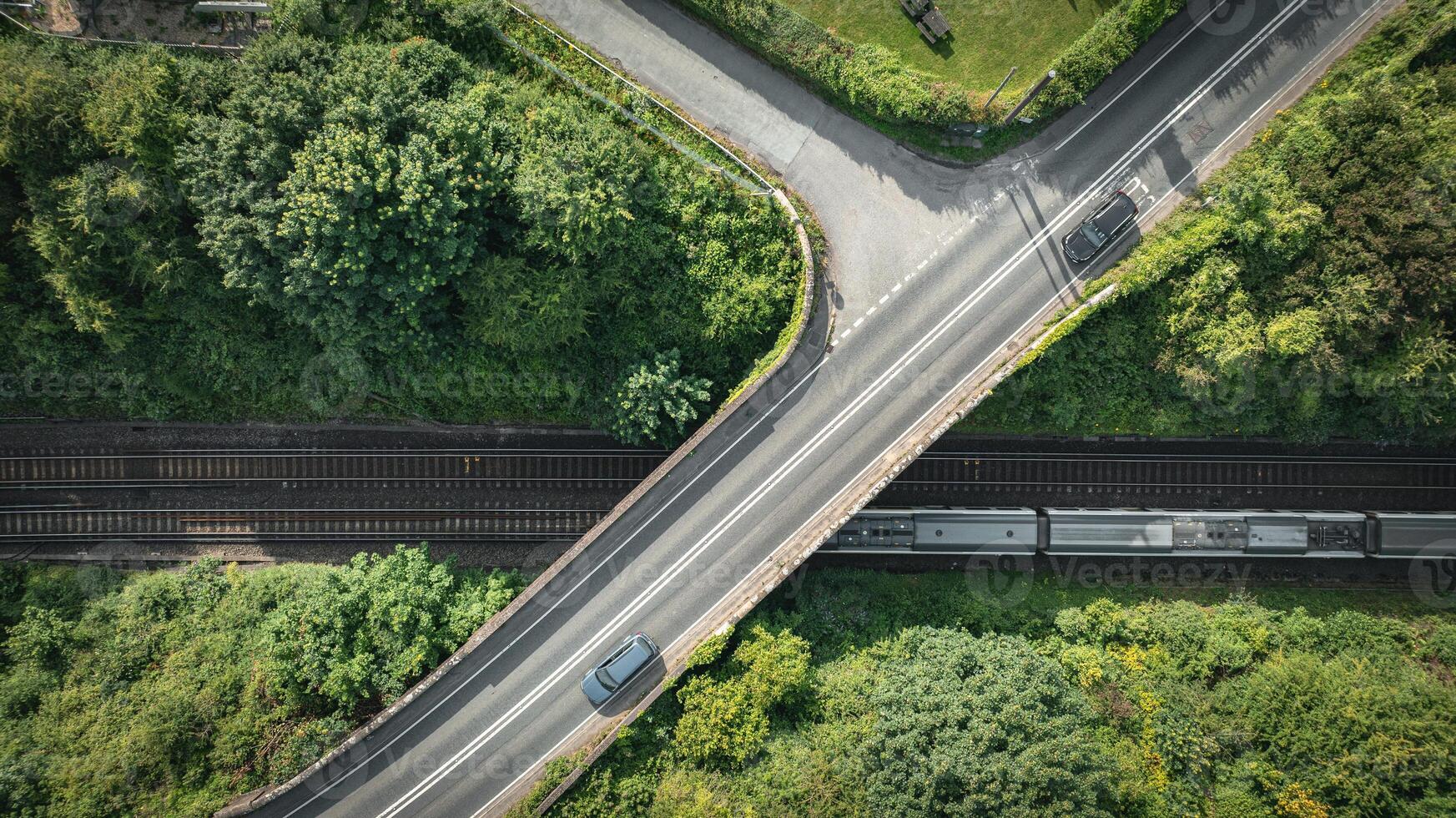 Aerial view of road and rail track in East Sussex, close to Brighton, UK photo
