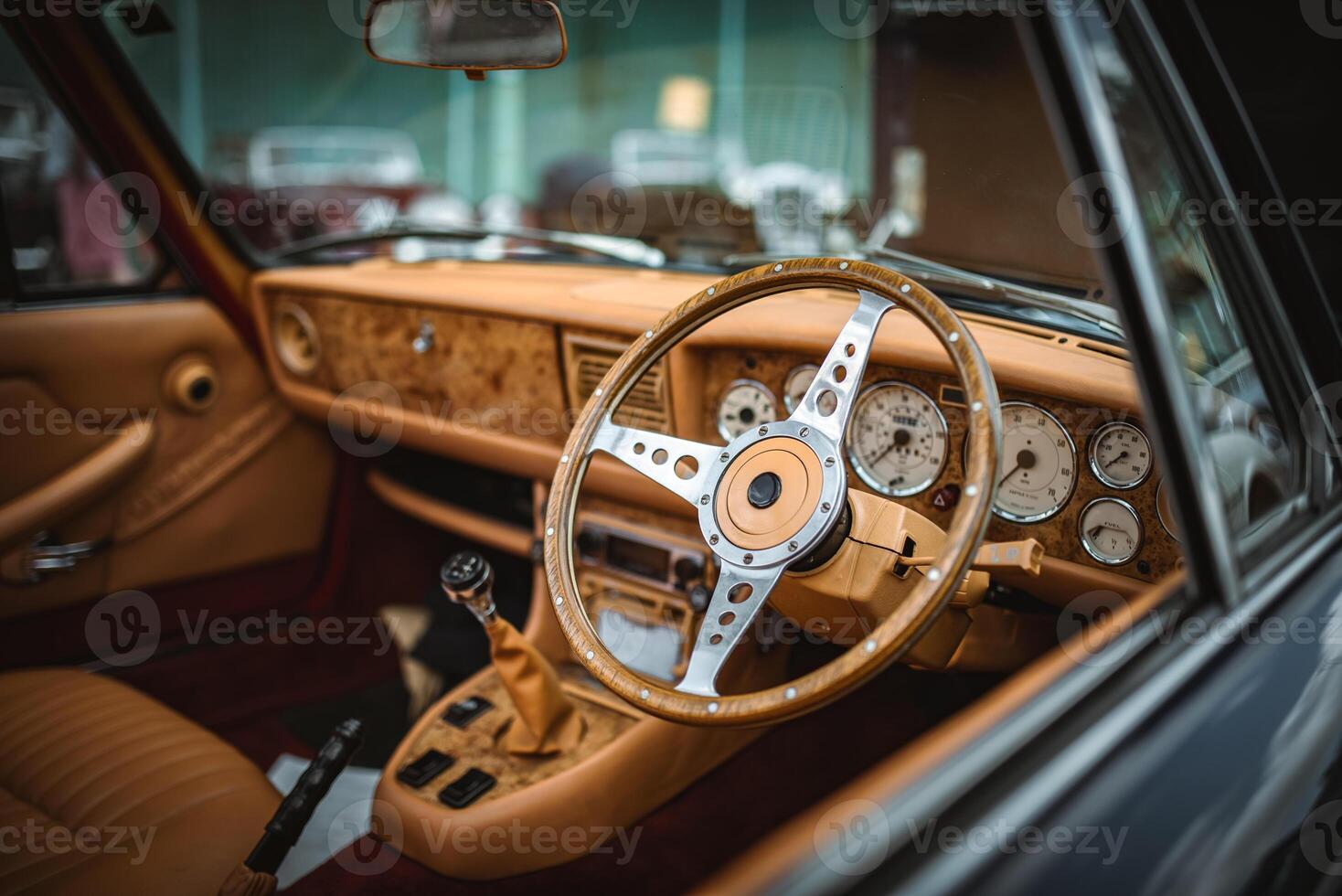 Interior of a luxury, classic car on a motor show. photo