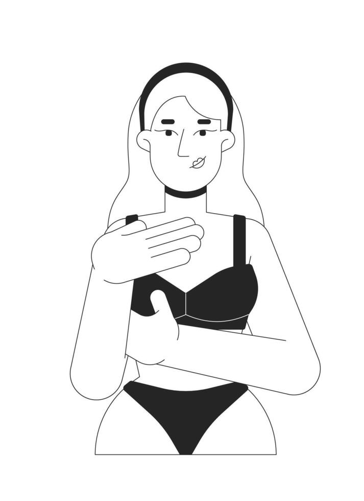 Caucasian white woman in brassier examining breast black and white 2D line character. Mastopathy detection. Blonde female touching chest isolated outline person. Monochrome spot illustration vector