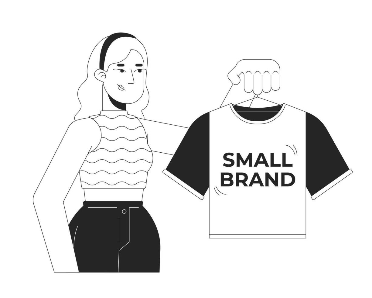 Caucasian woman buying small branded tshirt black and white 2D line character. Female small business owner holding t-shirt hanger isolated outline person. Monochromatic spot illustration vector