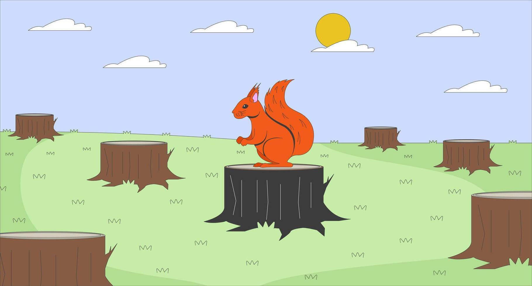 Deforestation environmental issues flat illustration. Squirrel lost habitat 2D character cartoon background. Endangered rodent. Illegal logging. Forest destruction scene storytelling image vector