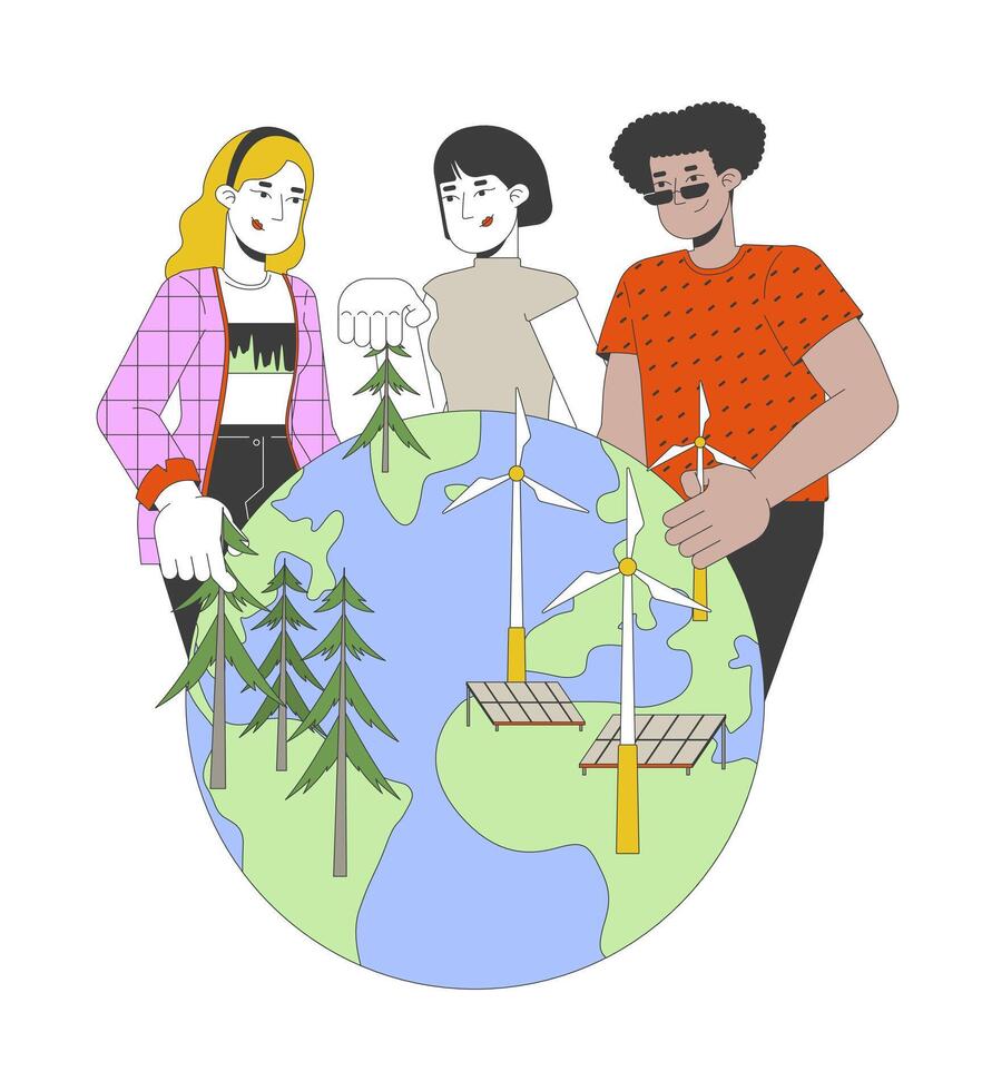 Building renewable planet 2D illustration concept. Planting trees forest. Wind farm solar panels. Diverse environmentalists cartoon characters isolated on white. Metaphor abstract flat graphic vector