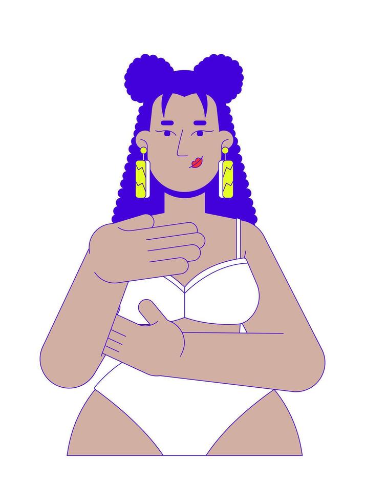 Latin american woman in brassier examining breast 2D cartoon character. Mastopathy early detection. Hispanic female touching chest isolated person flat on white. Spot illustration colorful vector
