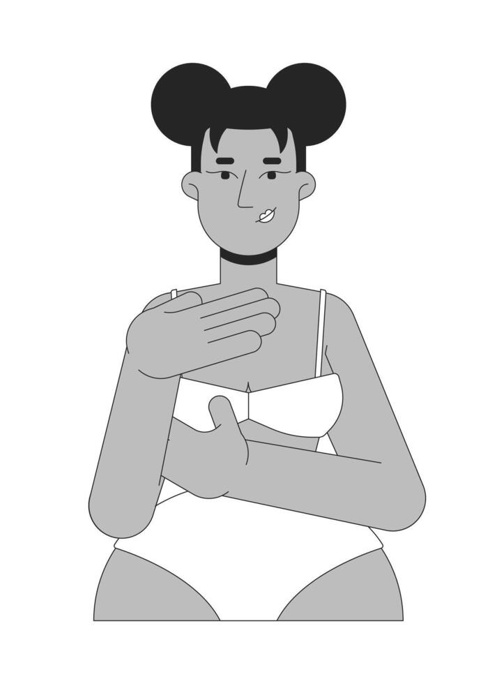 African american woman in brassier examining breast black and white 2D line character. Mastopathy detection. Black female touching chest isolated outline person. Monochrome spot illustration vector