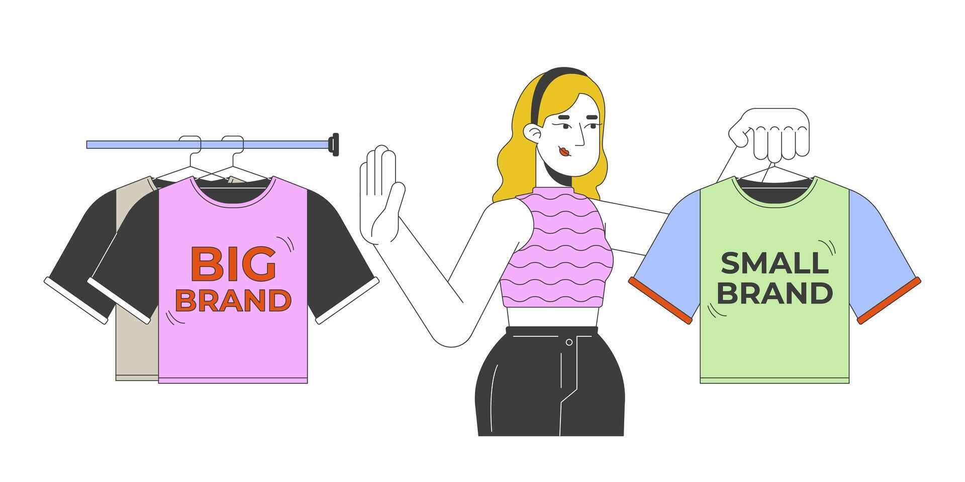 Choosing small brand clothes 2D illustration concept. Slow fashion. Affordable sustainable clothing. Conscious customer cartoon character isolated on white. Metaphor abstract flat graphic vector