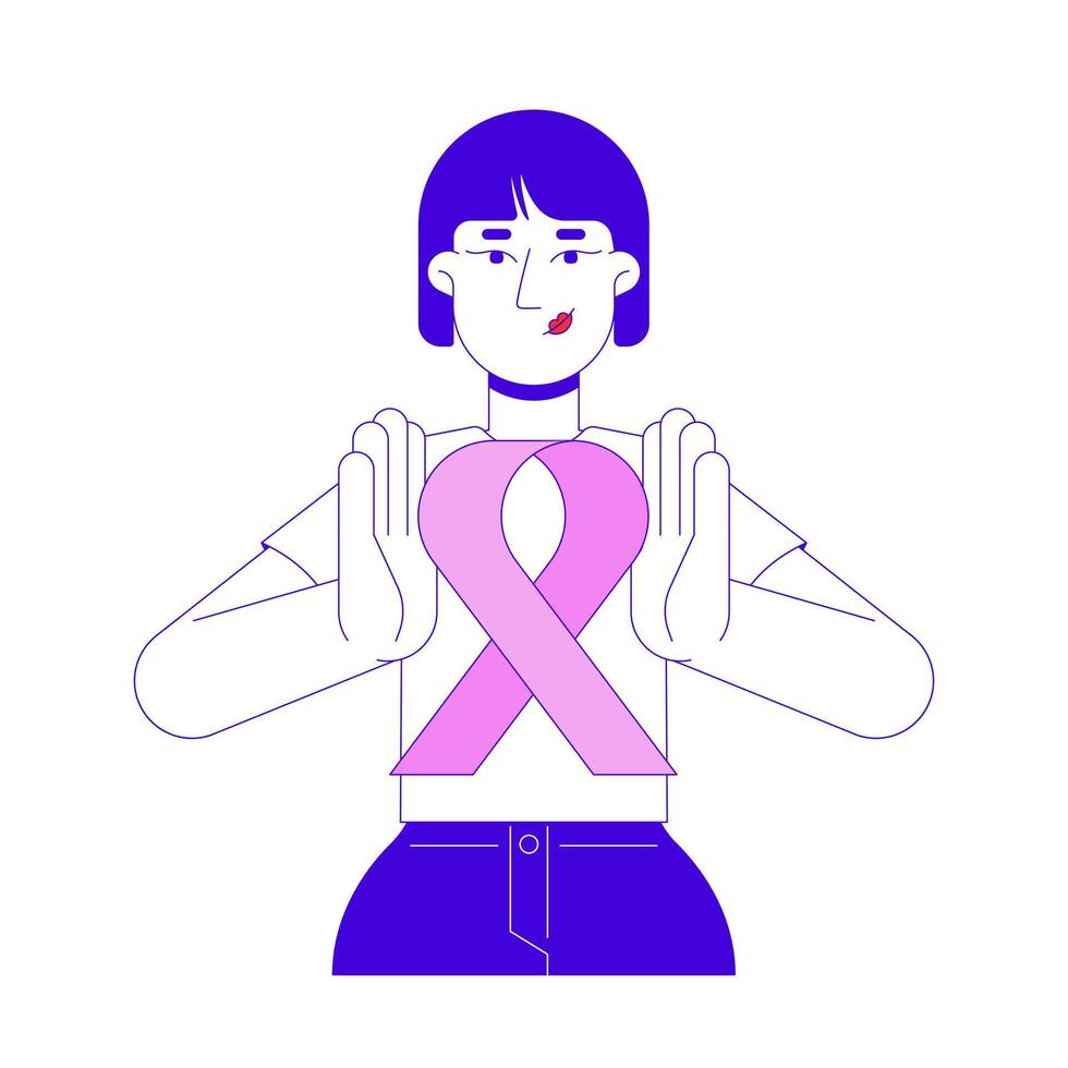 Korean woman holding pink ribbon awareness 2D cartoon character. Breast cancer survivor female asian young adult japanese isolated person flat on white background. Spot illustration colorful vector
