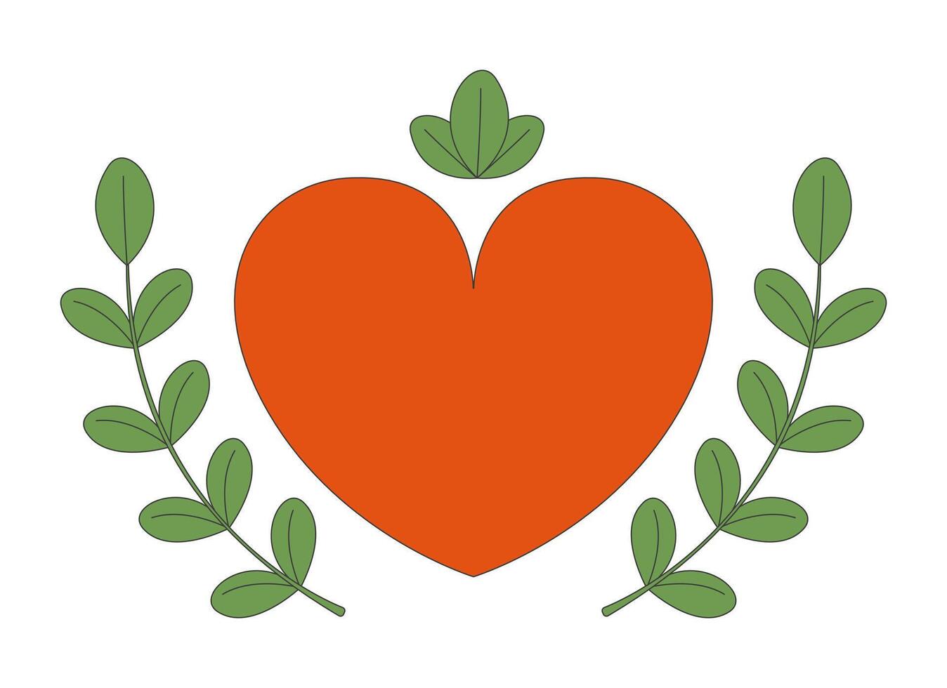 Heart adorned by twigs leaves 2D cartoon object. Botanical tenderness. Leafs love. Greenery ornament natural romantic isolated element flat clipart on white background. Spot illustration vector