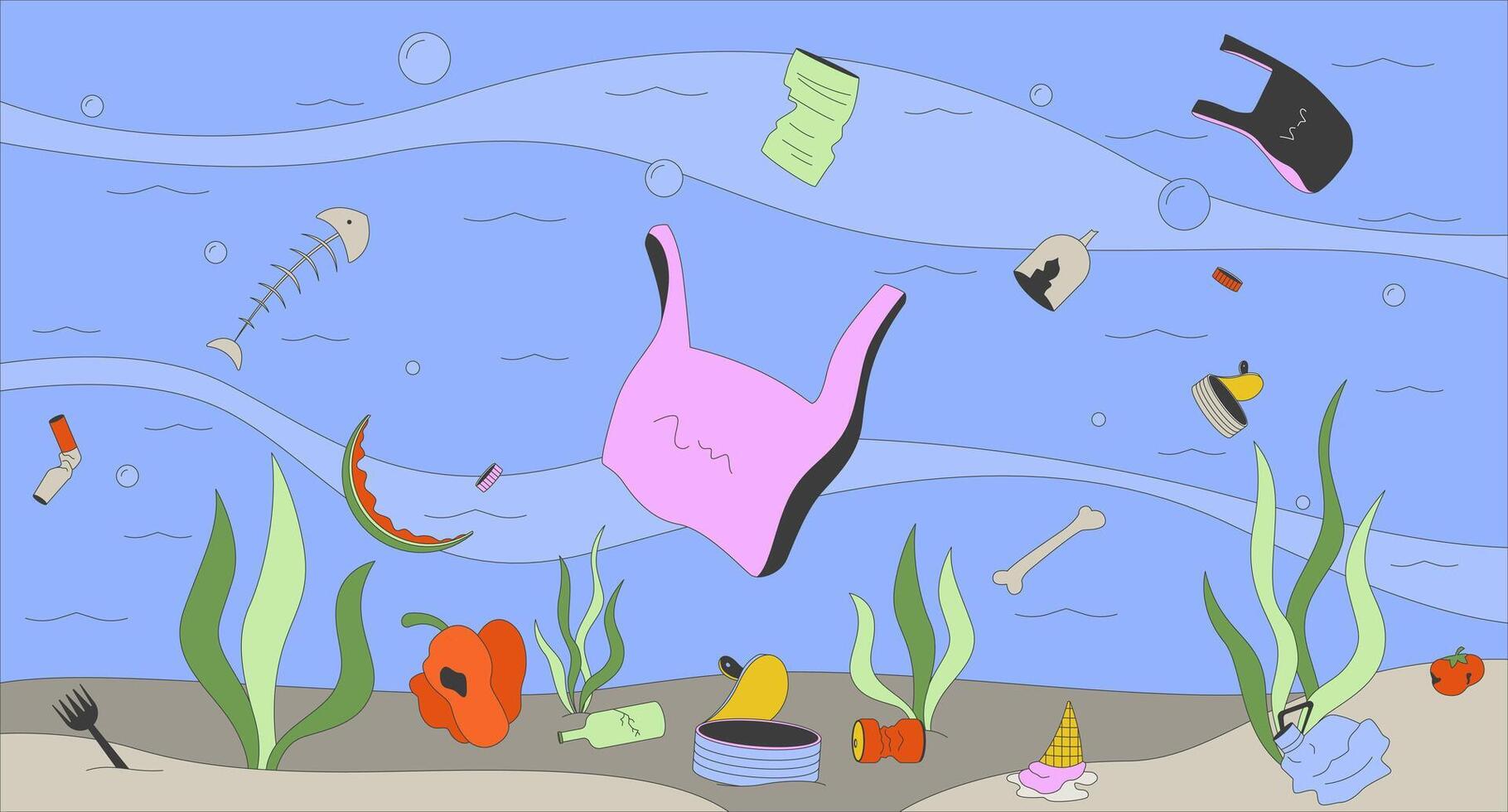 Marine litter floating underwater ocean flat illustration. Plastic and organic waste undersea 2D cartoon background. Environmental disaster. Contamination water. Sea pollution scene image vector