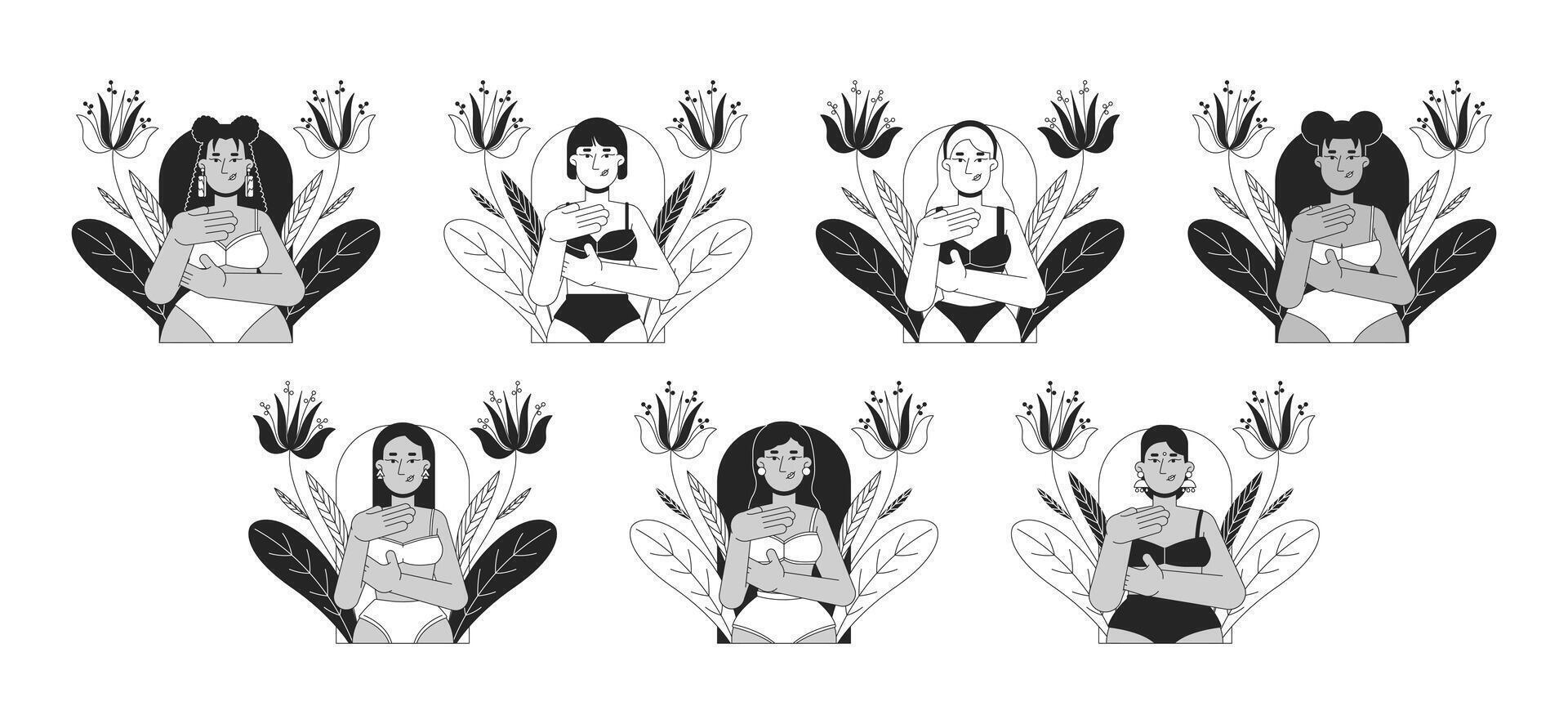 Multiracial women breast cancer self examination black and white 2D concepts set. Females in bra examining herself outline illustration characters isolated. Metaphors monochrome collection vector