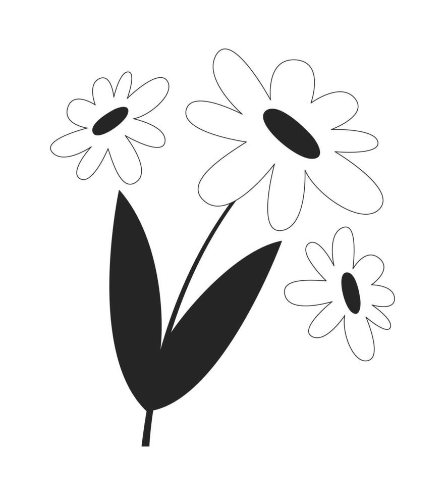 Chamomile bunch black and white 2D line object. Camomile flowers. Springtime wildflowers. Daisy blossoms floral. Medicinal plant isolated clip art outline item. Monochromatic spot illustration vector